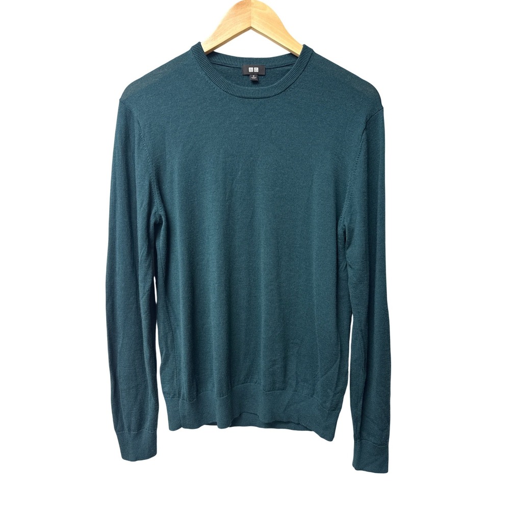Uniqlo‎ Crewneck Sweater Men M Dark Teal Green Wool Lightweight Minimalist Basic